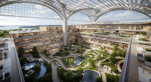A large, modern atrium with a glass roof and a beautiful garden in the center of a multi-story building