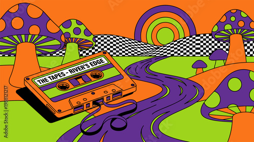 Retro Cassette Tape Unraveling into a River Landscape, Pop Surrealism Flat Illustration with Bold Outlines and Vibrant Colors