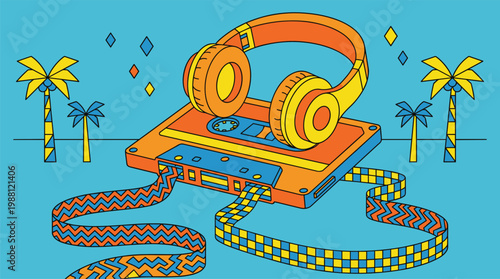 Giant Cassette Tape with Liquid Ribbon River and Geometric Palm Trees Pop Surrealism Flat Illustration with Bold Outlines