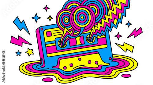 Retro Cassette Tape Melting Into Psychedelic Puddle Pop Surrealism Flat Illustration with Bold Outlines