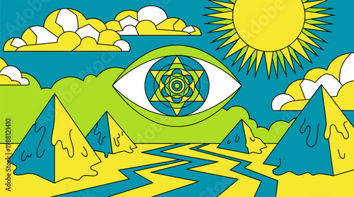 Surreal Floating Eye with Kaleidoscope Iris Above Desert Pyramids Pop Surrealism Flat Illustration with Bold Outlines