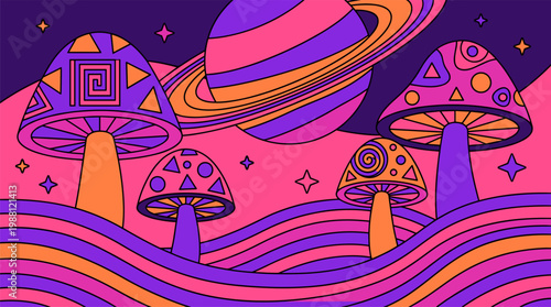 Giant Psychedelic Mushroom Landscape with Ringed Planet and Geometric Patterns Pop Surrealism Flat Illustration with Bold Outlines