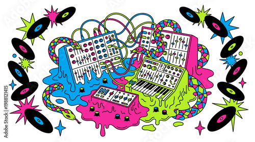 Melting Retro Modular Synthesizers with Snake Cables and Vinyl Records Pop Surrealism Flat Illustration with Bold Outlines