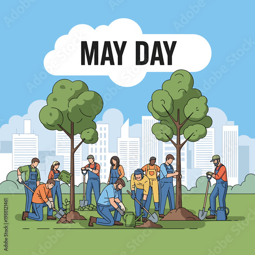May Day Celebration With Workers And Trees In City Park