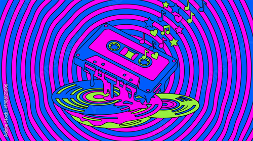 Retro Melting Cassette Tape Over Vinyl Records Pop Surrealism Flat Illustration with Bold Outlines