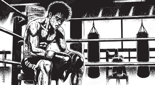 exhausted boxer sits alone in dark gym