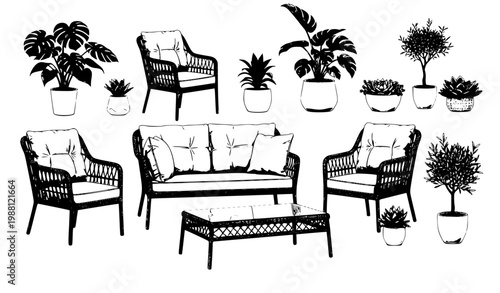 Outdoor garden furniture set rattan chairs sofa coffee table plants realistic vector isolated on white background
