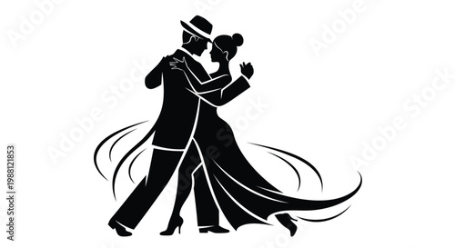 Tango dance couple, black silhouette, vector illustration, dancing man and woman