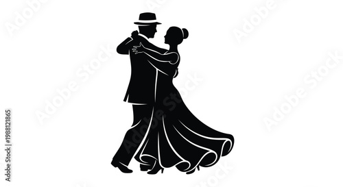 Tango dance couple, ballroom dance vector, black silhouette illustration, romantic partner dance