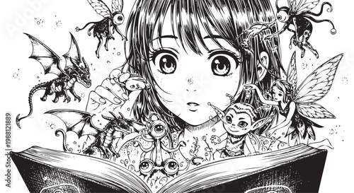 Girl reading book with fantasy creatures emerging