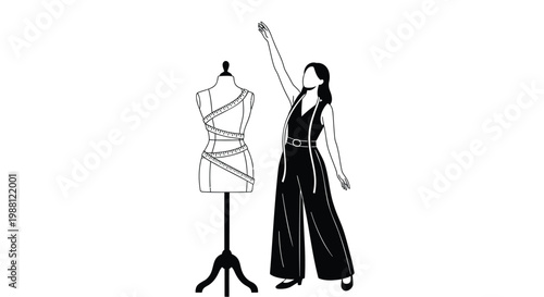 Fashion design, woman in black jumpsuit, dress form, minimalist vector illustration, clothing template