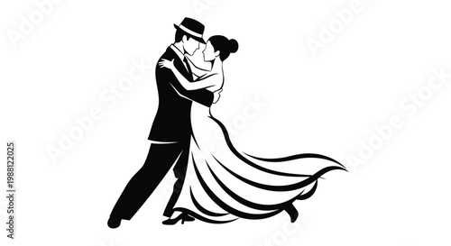 Romantic couple dancing, waltz illustration, black and white vector, wedding dance, love icon