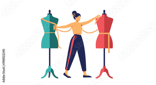 Fashion, illustration of woman with dressmaker's mannequins, colorful, vector graphics
