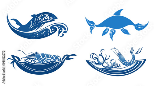 Four stylized blue aquatic illustrations a whale, a dolphin, a shrimp and a platter of seafood