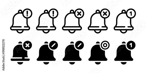 Collection of bell notification symbols, including alerts, errors, and confirmations. Modern icons for messages and reminders.