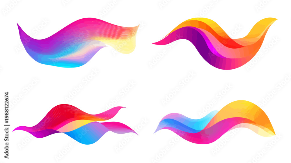 Fototapeta premium Four abstract wave forms in vibrant gradient colors, isolated on white background