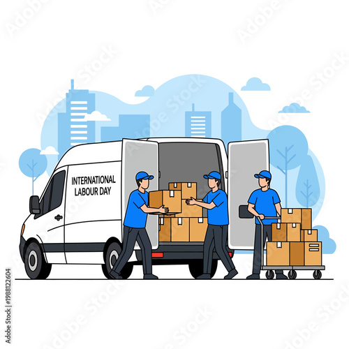 Workers unloading boxes from a van on International Labour Day, isolated on transparent background