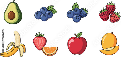 Colorful flat fruit icon set collection with fresh healthy food illustrations for nutrition design menus packaging and educational use
