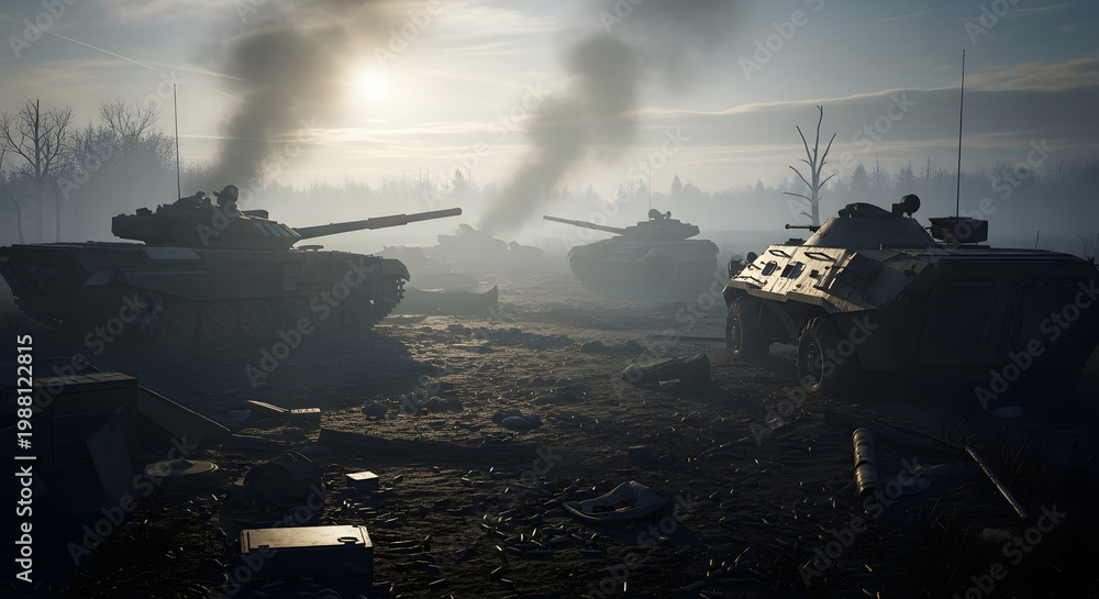 Fototapeta premium Military tanks and armored vehicles shrouded in smoke and mist on a battlefield at sunrise, depicting a scene of conflict and war.