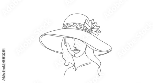Minimalist line art woman, elegant hat, floral accessory, simple illustration, fashion design element