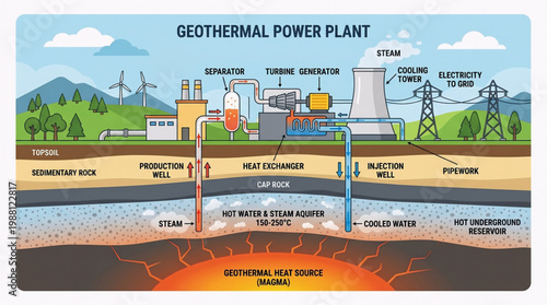 Illustrated scheme of a clean geothermal power plant harnessing natural underground heat for electricity production