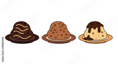 Set of three different types of delicious chocolate chip cookies with varying textures and toppings