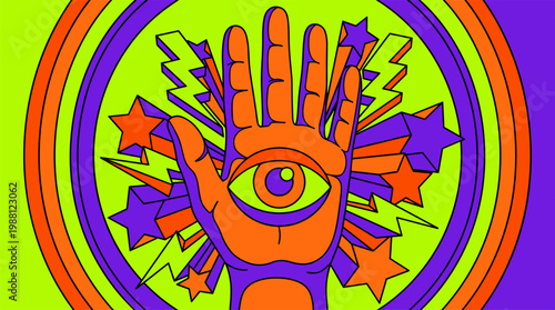 Surreal Eye In Palm Of Hand With Lightning Bolts And Stars Pop Surrealism Flat Illustration With Bold Outlines