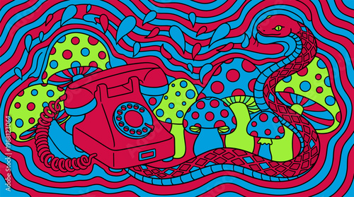 Rotary Telephone With Snake Cord And Polka Dot Mushrooms Pop Surrealism Flat Illustration With Bold Outlines
