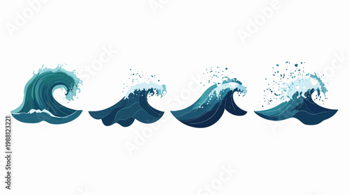 Pixelated artwork depicts four different stages of ocean waves. Each wave shows a dark to light gradient