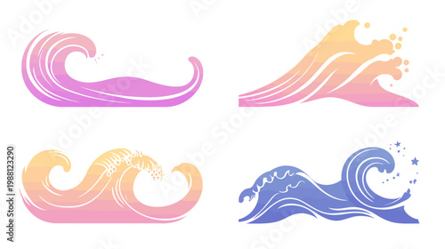 Four stylized gradient wave illustrations in various colors, showcasing water movement and curves