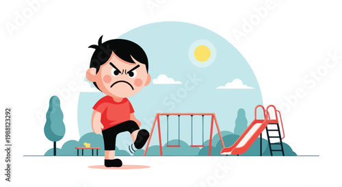 Angry boy kicking in playground with swing and slide under sunny sky