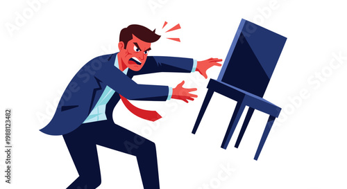 Angry businessman throwing chair in frustration vector illustration