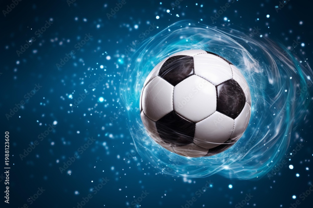 Fototapeta premium Soccer ball surrounded by glowing blue smoke and light particles on a dark background
