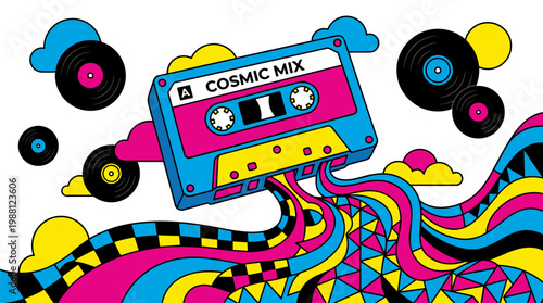 Retro Cassette Tape Unspooling Into Geometric Waves and Records Pop Surrealism Flat Illustration with Bold Outlines