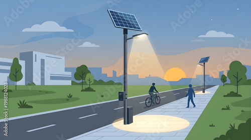 Eco-friendly city scene with solar-powered streetlights illuminating an urban road and pathway at sunset, promoting sustainable living