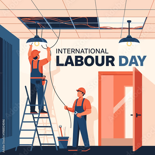 Two construction workers installing ceiling lights on International Labour Day poster isolated on transparent background