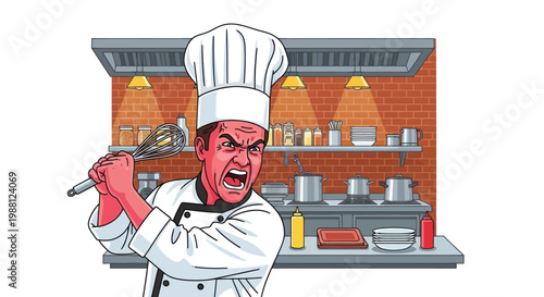 Angry chef yelling in commercial kitchen holding whisk