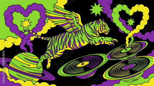 Winged Tiger Leaping Over Vinyl Record Planets Pop Surrealism Flat Illustration with Bold Uniform Black Outlines