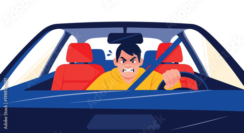 Angry man driving car with clenched teeth and raised fist