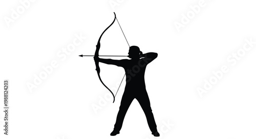 Silhouette of a person practicing archery with a bow and arrow, standing outdoors in a focused stance