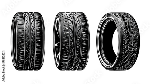 Three stylized, grayscale automobile tires, showcasing tread patterns against a white backdrop