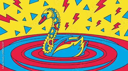 Surreal Gear Swan Swimming on Concentric Pond Ripples Pop Surrealism Flat Illustration with Bold Outlines