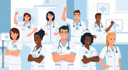 Diverse group of healthcare professionals posing confidently in a medical setting, showcasing teamwork and dedication