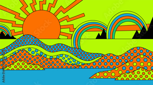 Layered Wavy Mountains With Sun And Arching Rainbows In Retro Geometric Style Pop Surrealism Flat Illustration With Bold Outlines