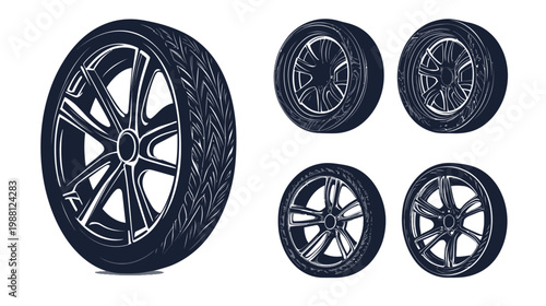 Black and white illustration depicting a set of car tires and wheels in a stylized design