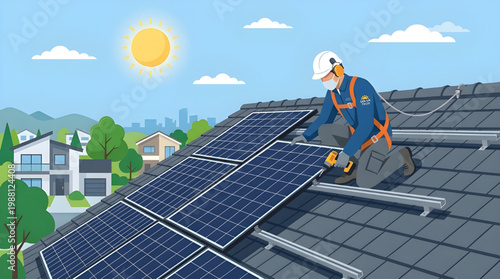 Professional technician installing solar panels on a residential rooftop, harnessing clean energy for sustainable home power in a sunny neighborhood setting