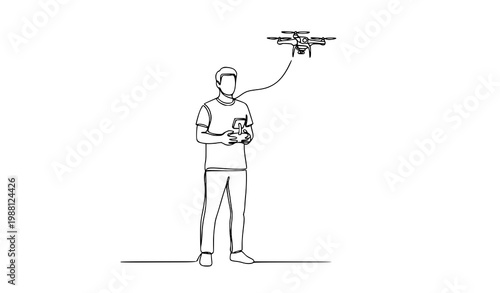 Man flying drone continuous one line drawing vector remote control operator minimalist tech outline design