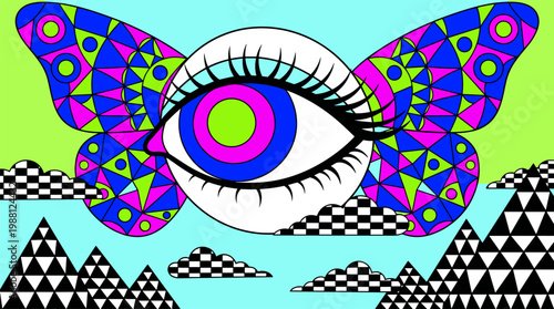Melting Floating Eyeball with Butterfly Wings Over Checkered Clouds Pop Surrealism Flat Illustration with Bold Outlines
