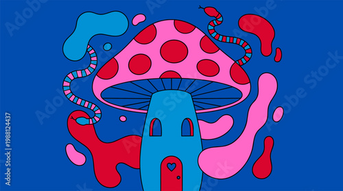 Towering Spotted Mushroom House with Floating Lava Lamp Blobs Pop Surrealism Flat Illustration with Bold Outlines