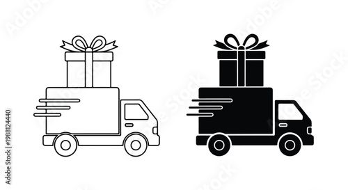 Minimalist black and white icon of a delivery truck carrying a gift box for shipping or logistics concepts